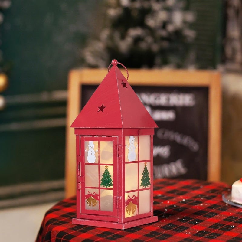 NEEDOMO Christmas Decorations for Home, 15'' Decorative Christmas Lantern Indoor Outdoor Decor, Metal Hanging Candle Holder with Xmas Snowman Bells and LED String for Table Centerpieces, Patio (Red) - Image 5